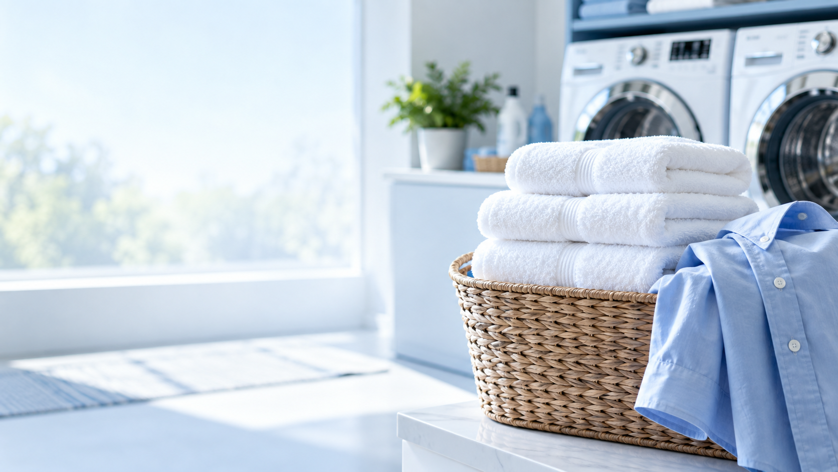 Fresh white towels and a blue shirt in a sunlit laundry room